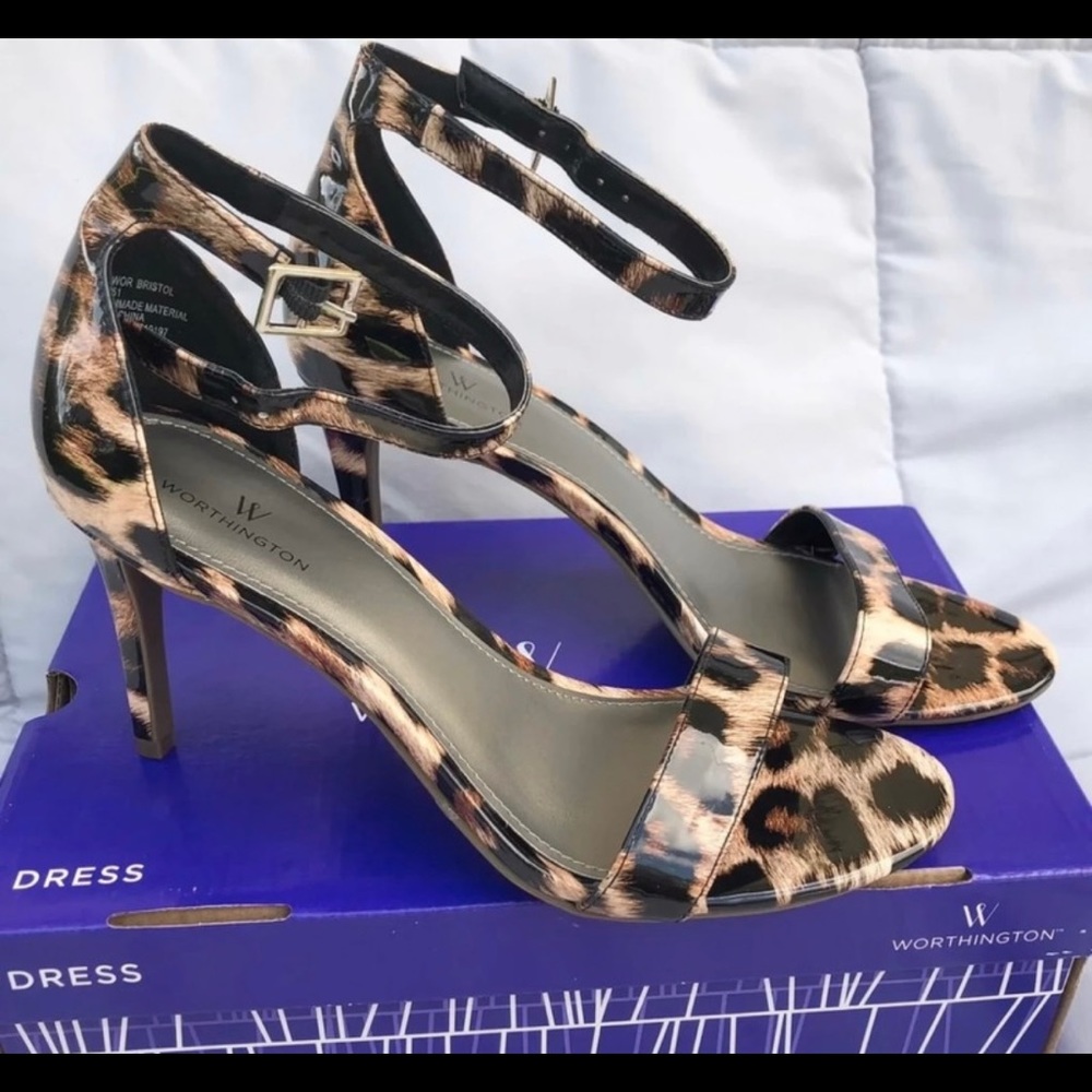 Leopard Patent Open Toe Ankle Strap Heels. Brand new with box!